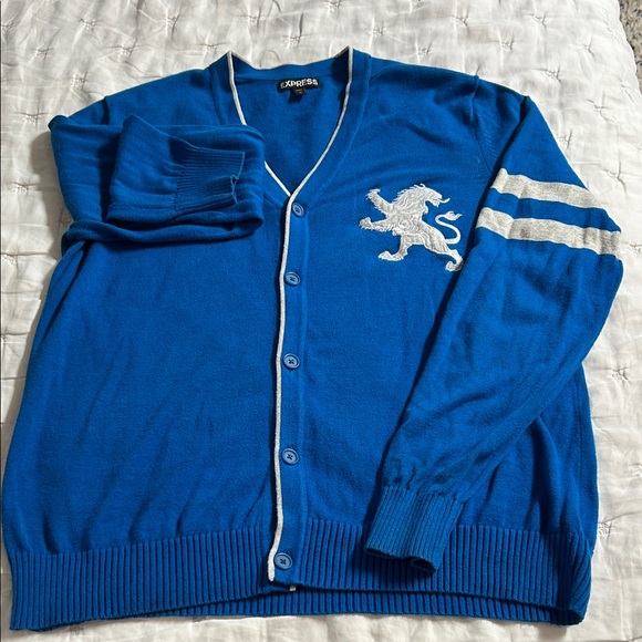 Express Blue Cardigan with White Lion Design - Picture 1 of 7